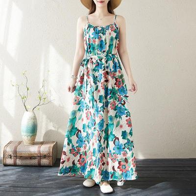 Sleeveless Strap Plus Size Cotton Vintage Floral New In Dresses For Women Casual Loose Long Summer Dress