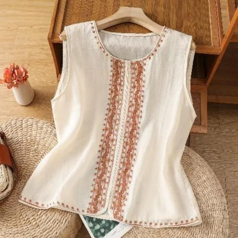 Women Floral Embroidered Round Neck Sleeveless Linen Blend Vest
