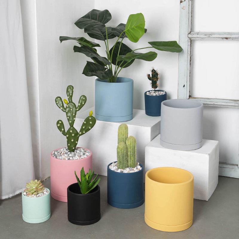 Morandi Colorful Ceramic Cylinder Flower Pots with Saucers for Indoor/Outdoor Plants