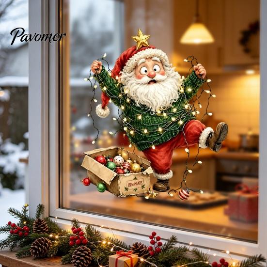 Wasserdichte PVC-Fensterfolie Weihnachtsklebefolie, Nikolaus und Rentier Aufkleber, Statische Festliche Wohnkultur Glasaufkleber für Feiertagsshop Türen