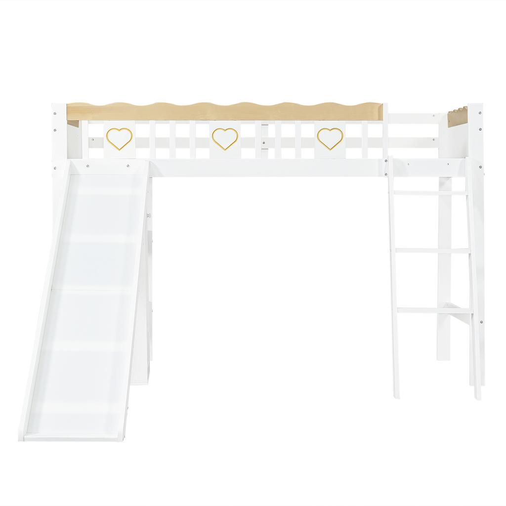 Loft Bed, With Children's Slide, Wardrobe and Storage Cabinet Under the Bed, Four-Sided Fence Pine + MDF + Plywood, White+Natural, 90x200cm