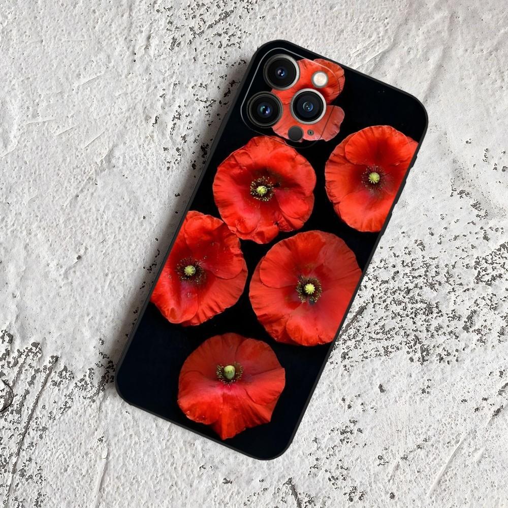 Poppy Flower Bloom Phone Case for Iphone 15 14 13 12 11 Pro Max Xr X Xs Mini 8 Plus SE 2022 Black Soft Silicone Cover