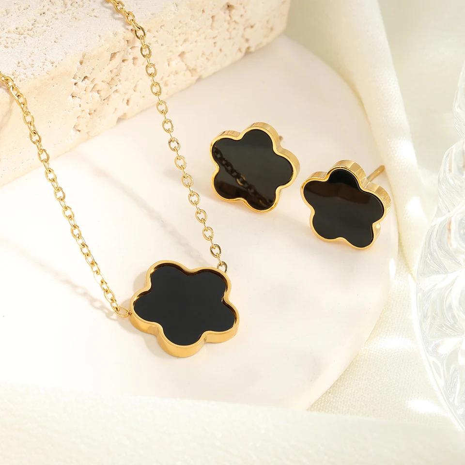 Women Shell Flower Necklace Stud Earring Set Women Black White Color Pendant Earring 2 Pcs Zircon Set Fashion Style Daily Wear