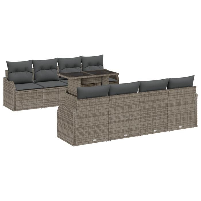Ensemble de Canapés de Jardin 9 Pièces avec Coussins Gris Poly Rattan, Canapé de Jardin 2 Places avec Coussins Gris Poly 3348425