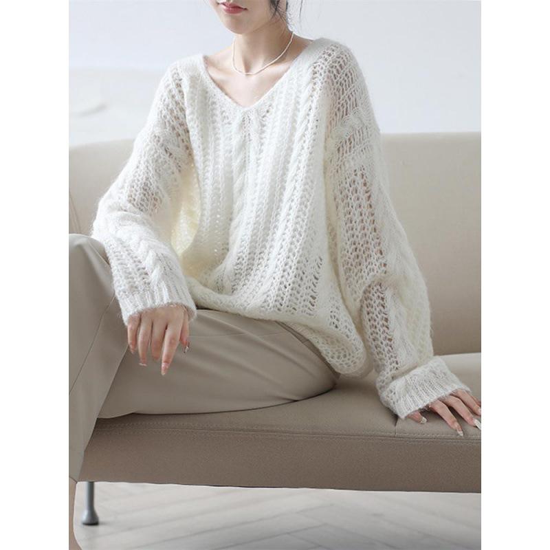 Women's French V-Neck Sweater: Early Spring to Winter Style, Hollow Knit, Fashionable Temperament Top