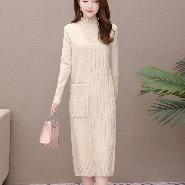 Knitted Dress for Women In Autumn and Winter Korean Style Loose Mid-length Pullover Solid Color Half Turtleneck Sweater Dress