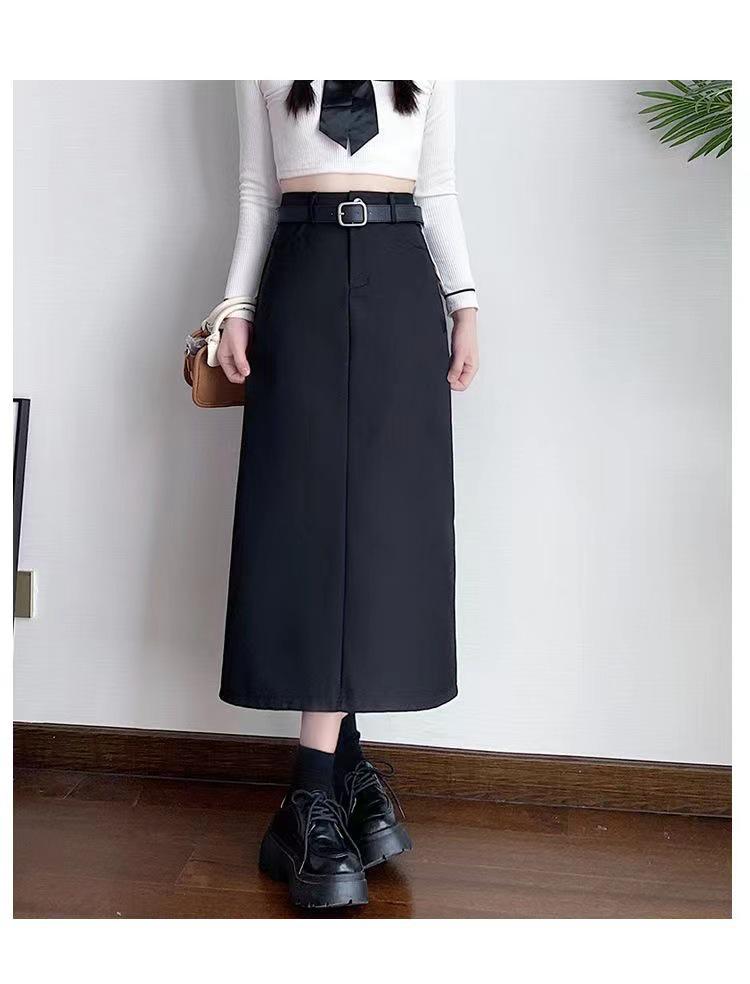 2024 High-End Slimming A-Line Skirt: High Waist, Midi Length, Versatile Slit Design for Spring & Autumn