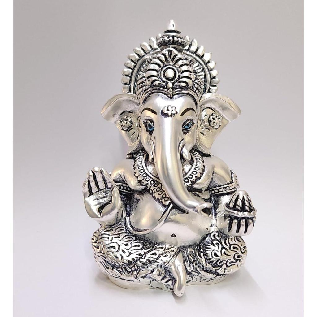 Matte Silver Plated Antique Mukut Ganesha - 3.5" - Perfect for Gifting, Home Decor, Car Dashboard Murti Ganpati Idol for Home Decor