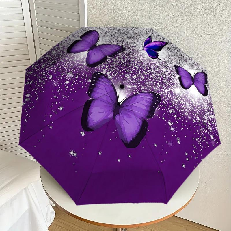 1PC Purple Butterfly Umbrella-8-Rib Reinforced, Automatic Open, Lightweight & Durable, Cute Fashion Accessory for Outdoor-P107