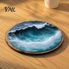 Classroom Desk Decorative Pads 4 Pcs Wooden Coasters, Ocean Wave Design Heat Resistant Round Unique Cup Mats Drink Coaster for Coffee Shop,