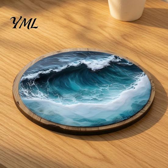 Classroom Desk Decorative Pads 4 Pcs Wooden Coasters, Ocean Wave Design Heat Resistant Round Unique Cup Mats Drink Coaster for Coffee Shop,