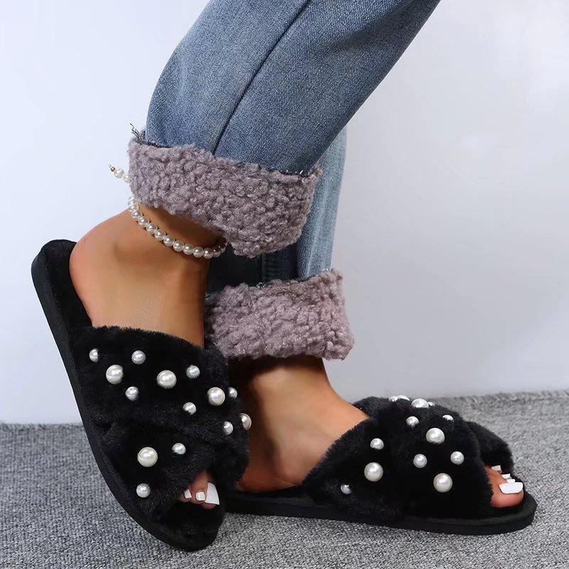 Fashion Pearls Detor Plush Slippers for Women Fashion Cross Strap House Furry Slippers Woman Slip On Faux Fur Cotton Slides Mujer