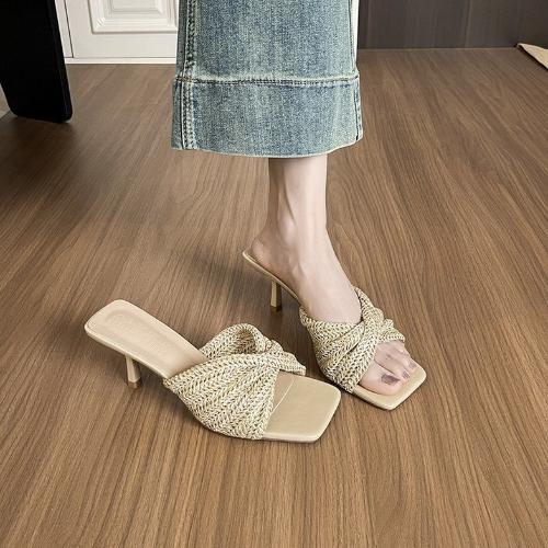 

Fashion Elegant Square Toe Woven Cross Strap High Heel Slippers Women Summer Outdoor Sexy Open Toe Slim Heel Sandals 40