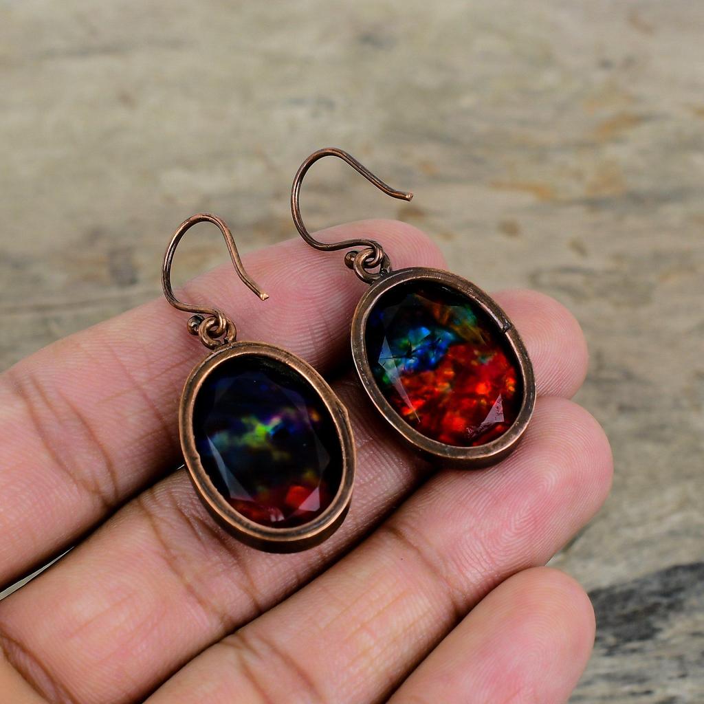 Faceted Ammolite Earring Electroformed Copper Gemstone Earrings Handmade Earring Electroformed Jewelry Latest Design Earring Gifts For Women