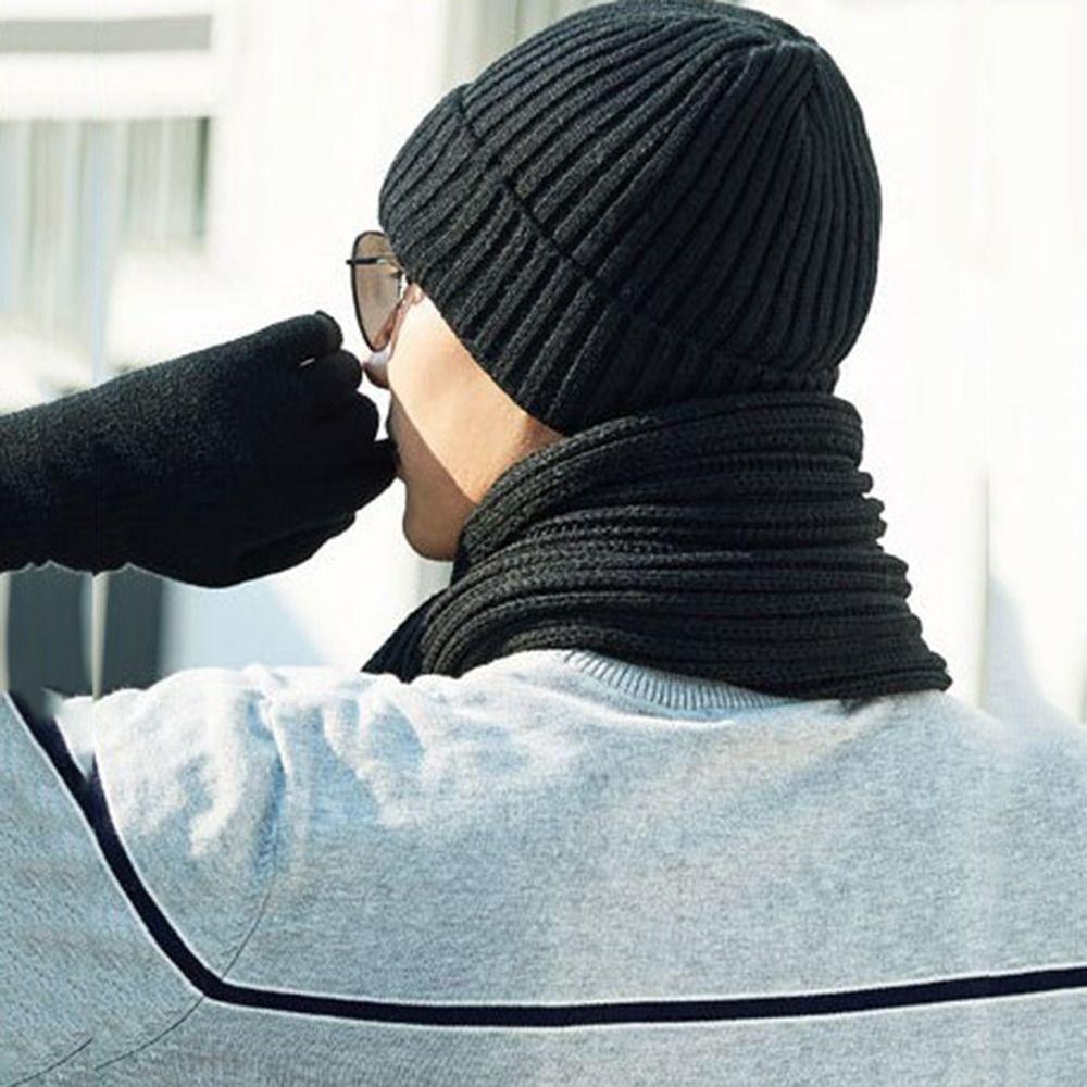 3 in 1 Knitted Cap Solid Color Touchscreen Gloves Simple Winter Cable Beanie Hat for 3Pcs/Set Men