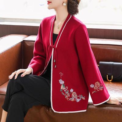 BaoLianDuo Mid-Age Women's Floral Embroidered Knitted Cardigan