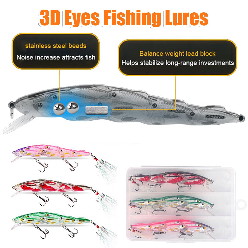 3Pcs Fishing Lures 3D Artificial Hard Fishing Bait Slow Sinking Crank Wobble Bait With Feathered Sharp Hook Fishing Accessories