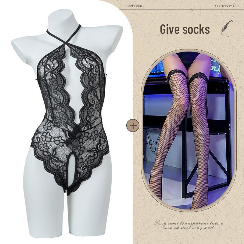 Women's Open Crotch See-Through Lace Bodysuit with Pearl Detail