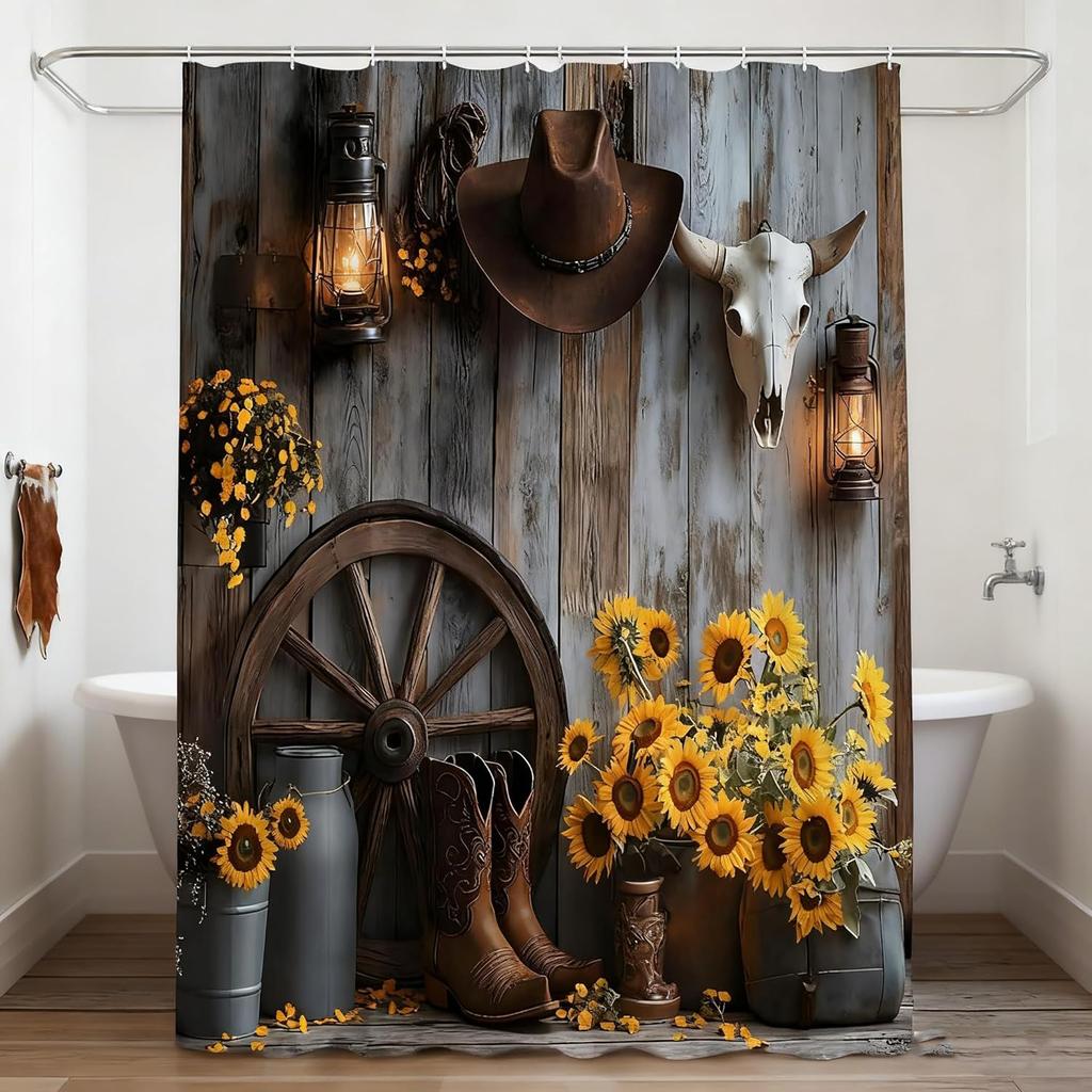 Western Cowboy Shower Curtain Farmhouse Barn Door Southwest Country Ranch Cowboy Boots Floral Rustic Southwestern Theme Bathroom