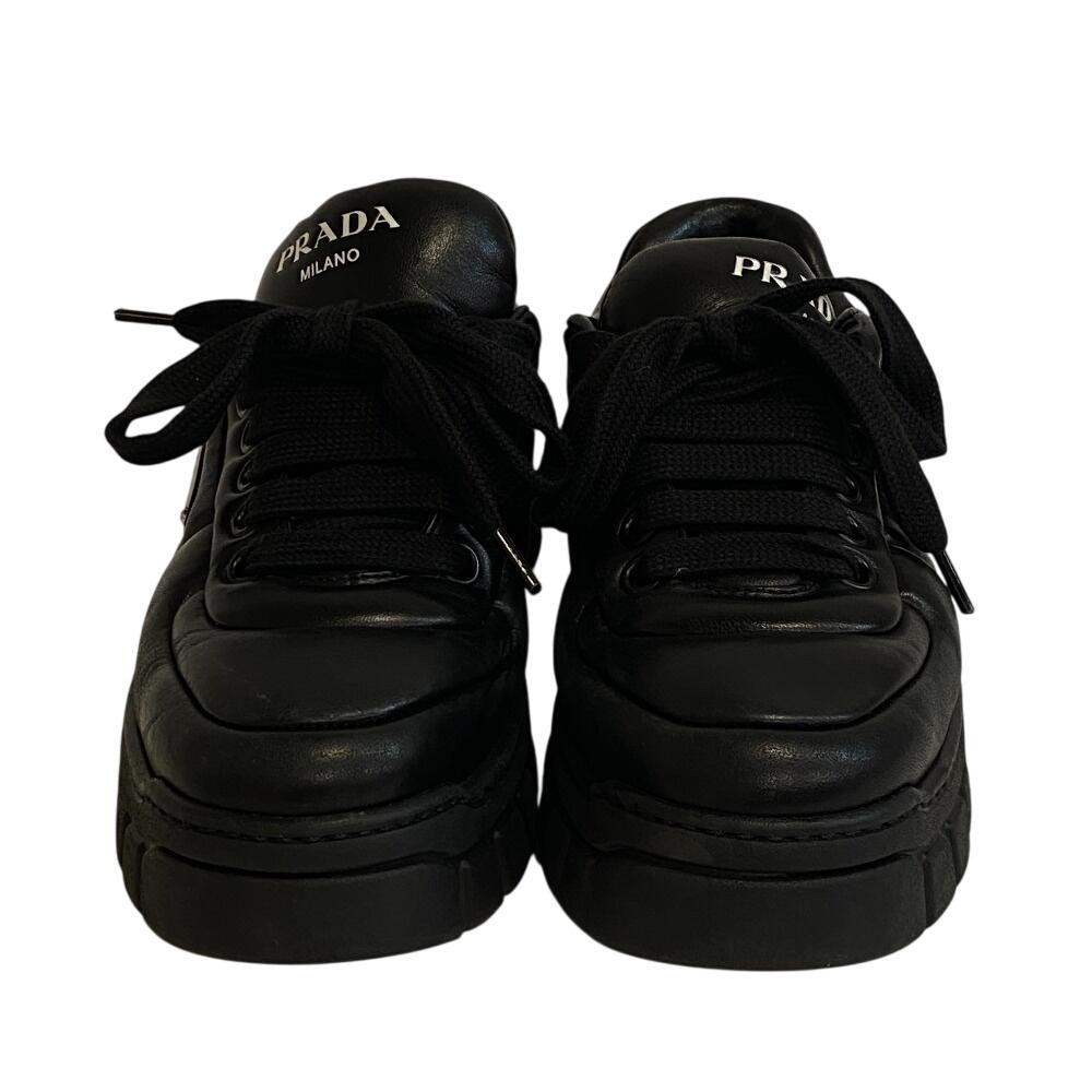 Prada 1E136N Triangle Logo, Triangle, Lace-up, Platform Sole Leather Downtown Sneakers Black Leather Women Used
