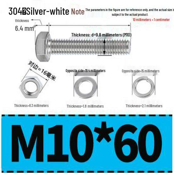 304 Stainless Steel Hex Head Bolt and Nut Set M6-M14, Lengths 8-100mm