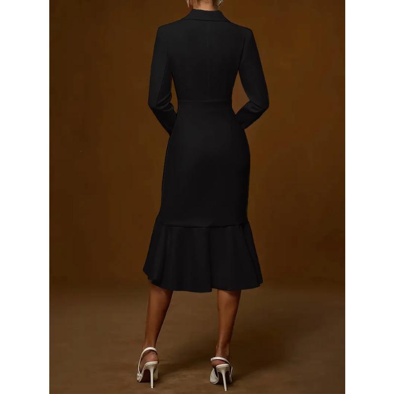 DAFIFY Women's Fashion Spring Fall Solid Color Print Long Sleeve POLO Neck High Waist Casual Dresses