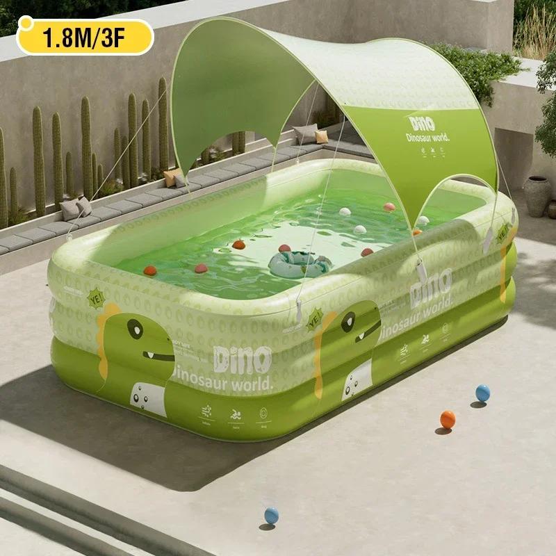 1.8/2.1/2.6M Large Dinosaur Inflatable Swimming Pool Thickened With Sunshade Kids Toy Household Outdoor Family Water Garden Game