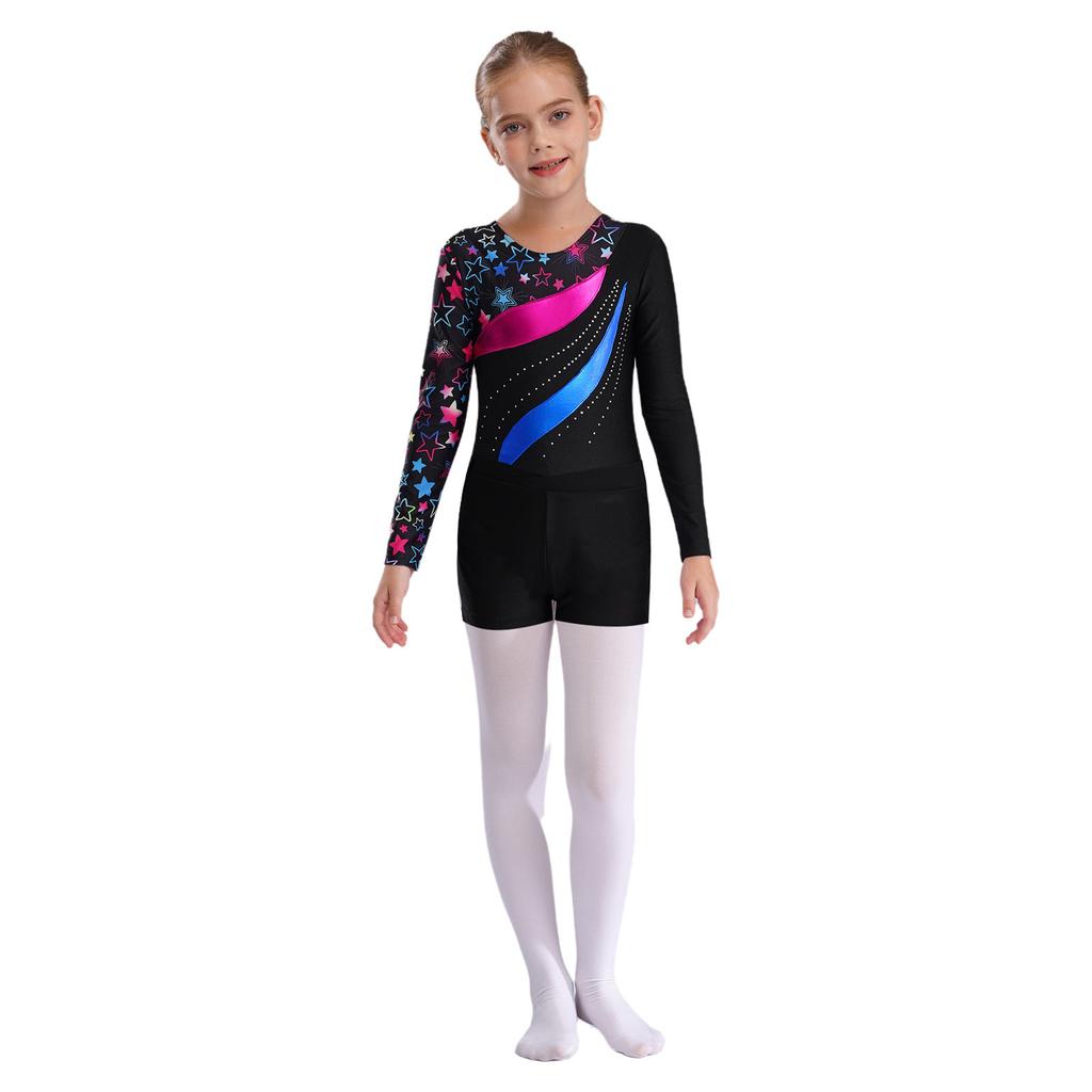 Girls Long Sleeve Rhinestone Leotard Printed Patchwork Design with V Front Waistband Shorts Dance Set