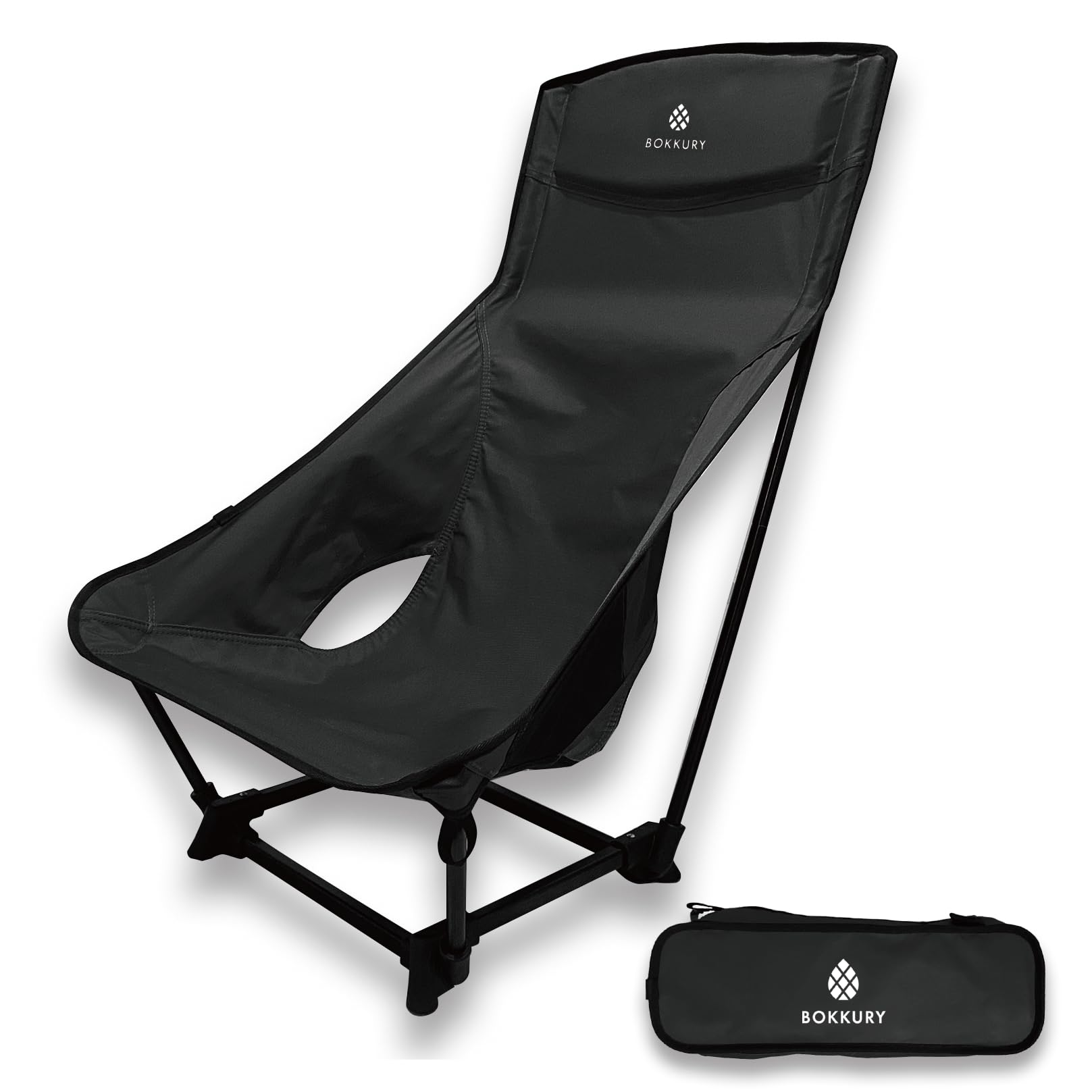 

BOKKURY Outdoor Chair, Low Chair, High Back, Cross-legged Chair, Lightweight 1.2kg, Compact, Flame-Retardant TC Material, Camping, Low Style (Black)
