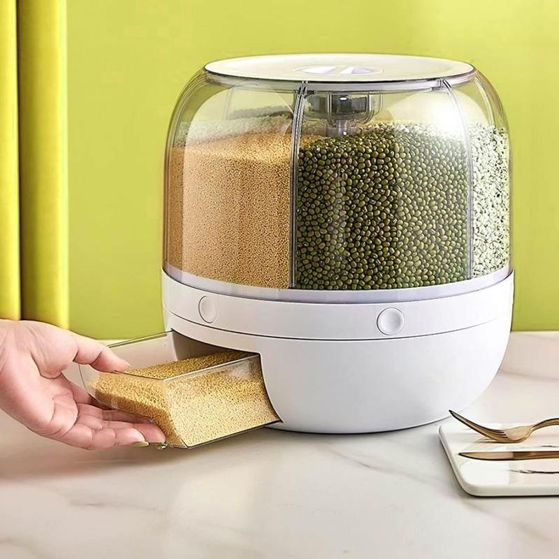 Rotating Grain Dry Food Dispenser Countertop - 6 Grids Cereal Tank Dispenser for Lentils, Rice, Beans - Kitchen Pantry Storage Container