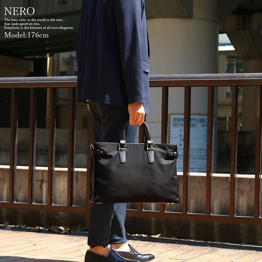 STEFANOMANO Limonta Nylon and Genuine Luxury Large Made in Italian Leather Business Commuter Shoulder Office 2-Way Briefcase, Leather, Men's Capacity,