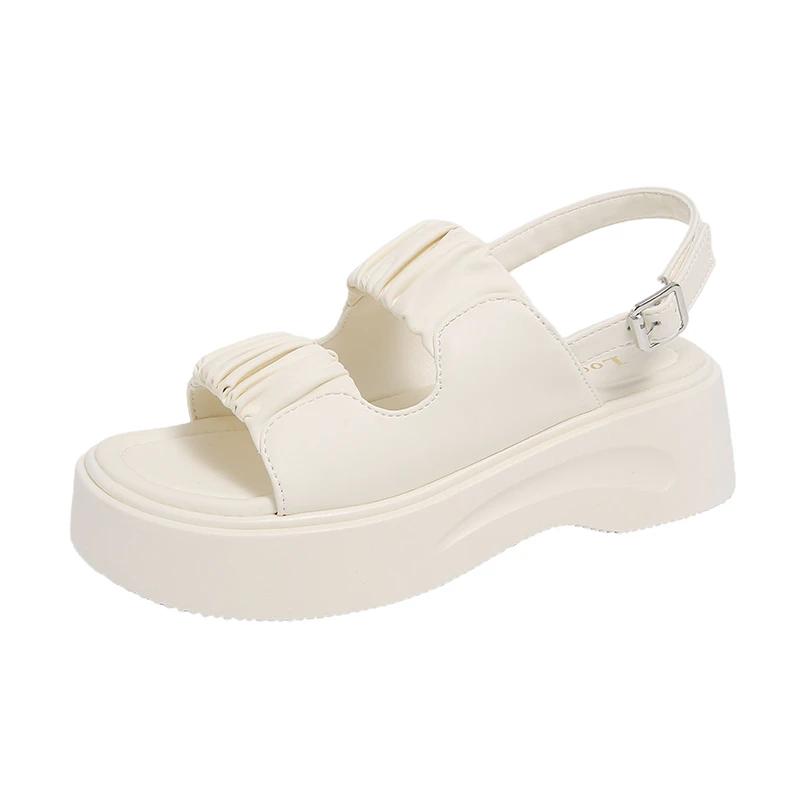 

Женские сандалии на платформе с пряжкой в одну линию, плиссированные туфли с круглым носком, женские туфли для отдыха, каблук 5,5 см, высокие лаконичные сандалии De Mujer 40 бежевый