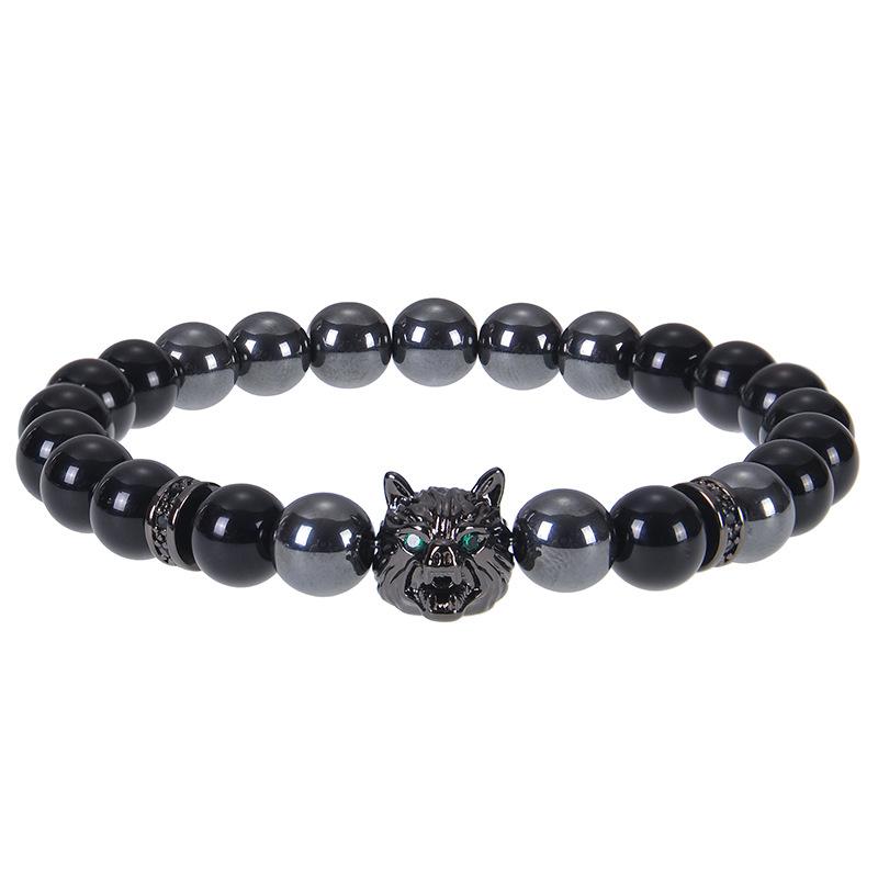 Wolf Charm Bracelets Men Natural Black Agates Onyx Stone Bracelet Brave Blue Tiger Eye Elastic 8 Mm Beads  Beaded Pulsera