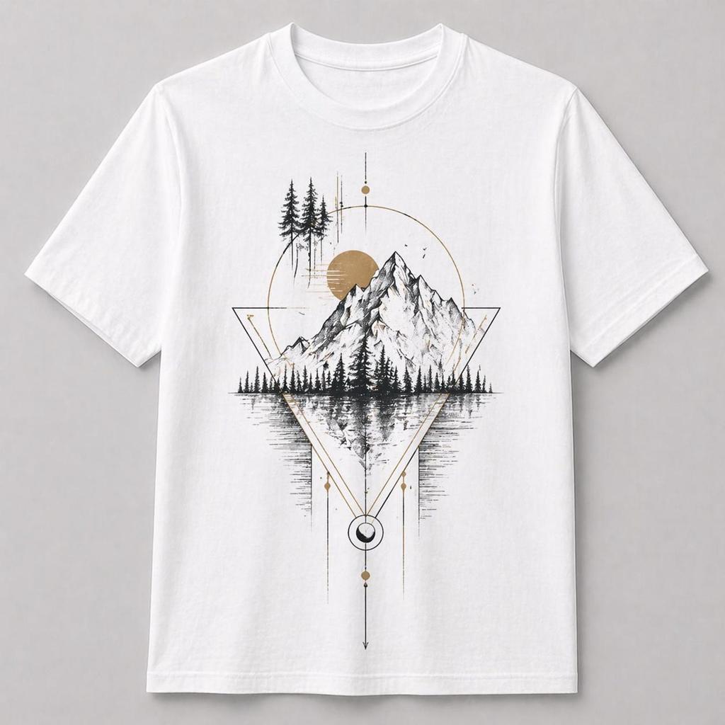 Minimal Geometric Mountain Tee – Black & White Outdoor Graphic Shirt