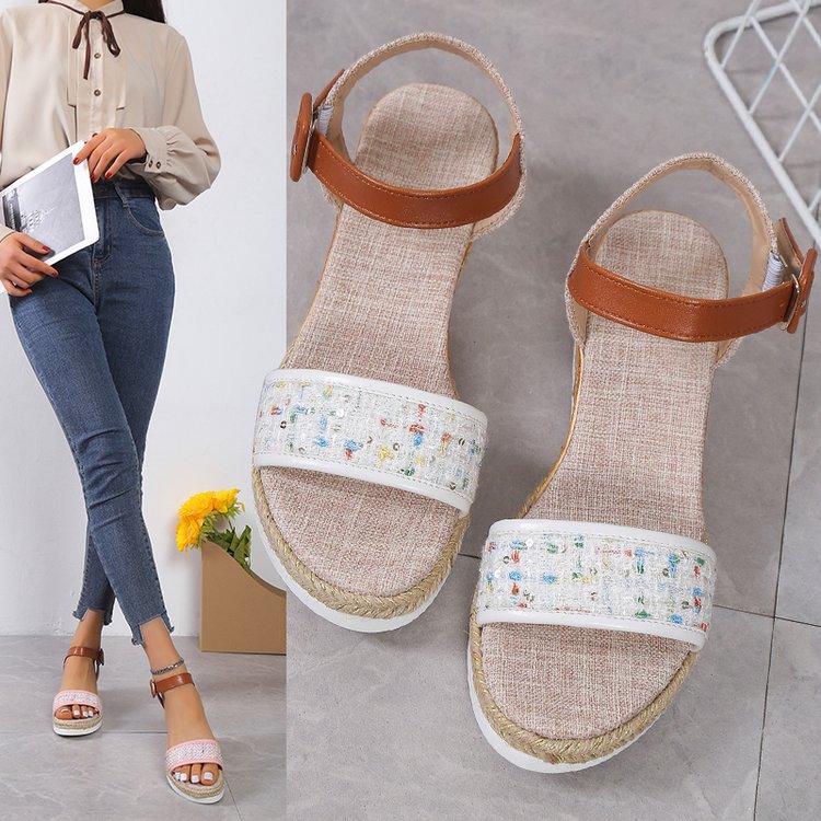 Large size 2025 summer new rubber platform woven one-word buckle sandals size 43 daily casual women's shoes