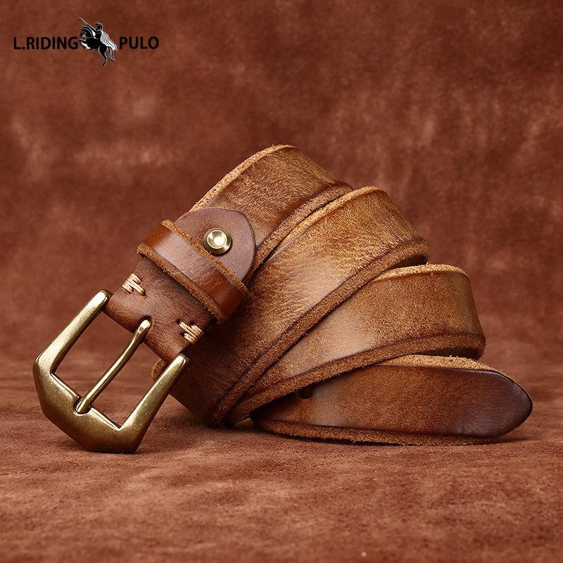 Thickened Genuine Leather Top Layer Cowhide Belt Men's Copper Buckle Rough Edge Fur Bottom Retro Washed Belt
