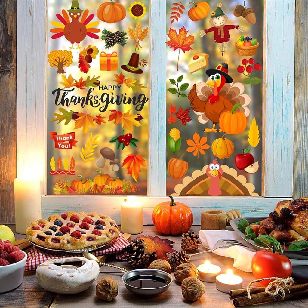 158Pcs Thanksgiving Window Clings for Glass Window, Double Sided Fall Turkey Window Stickers Deals Decor for Home Office Decorations, Thanksgiving