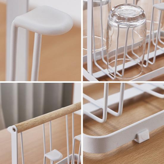 Yousheng 6-Hook Iron Cup Holder Rustproof Metal Drying Rack with Wooden Handle Space-Saving Kitchen Organizer for Mugs Glasses Bottles