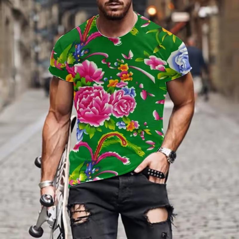 Men's Big Flower Casual Tees Summer Short Sleeve Round Neck Popular Clothes 3D Print Graphic Streetwear T-Shirts