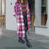 Yousheng Autumn Winter Lady Coat Shirt Type Plaid Print Single-breasted Turn-down Collar with Chest Pockets Slit Hem Loose Mid Length Daily Wear Work