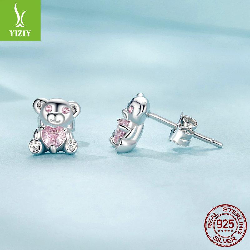 Rosa Liebe Zirkon Bär Mini Ohrstecker, Niedliche Heilung S925 Sterlingsilber Ohrstecker.