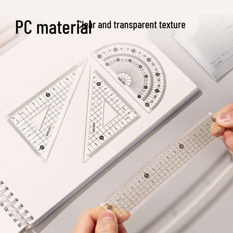 Deli VC126 Transparent Ruler & Protractor Set: Anti-break, Straight/Square for Students