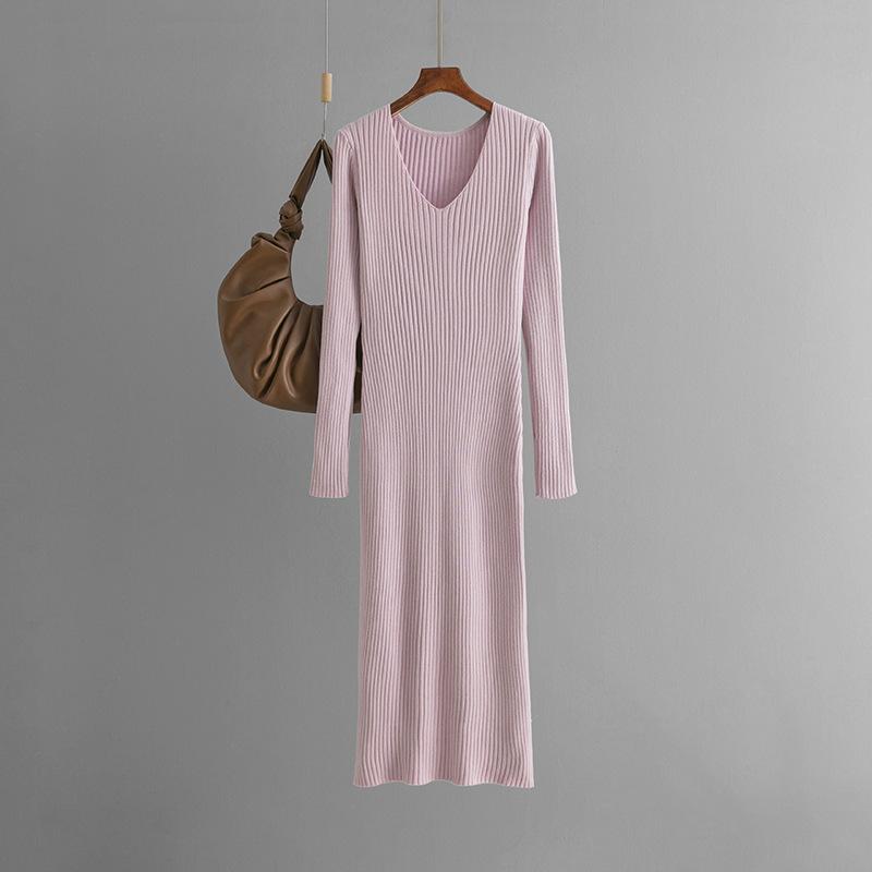 Autumn and winter v-neck knitted dress women's outerwear straight tube thin long-sleeved pit strip split bottom knee sweater skirt