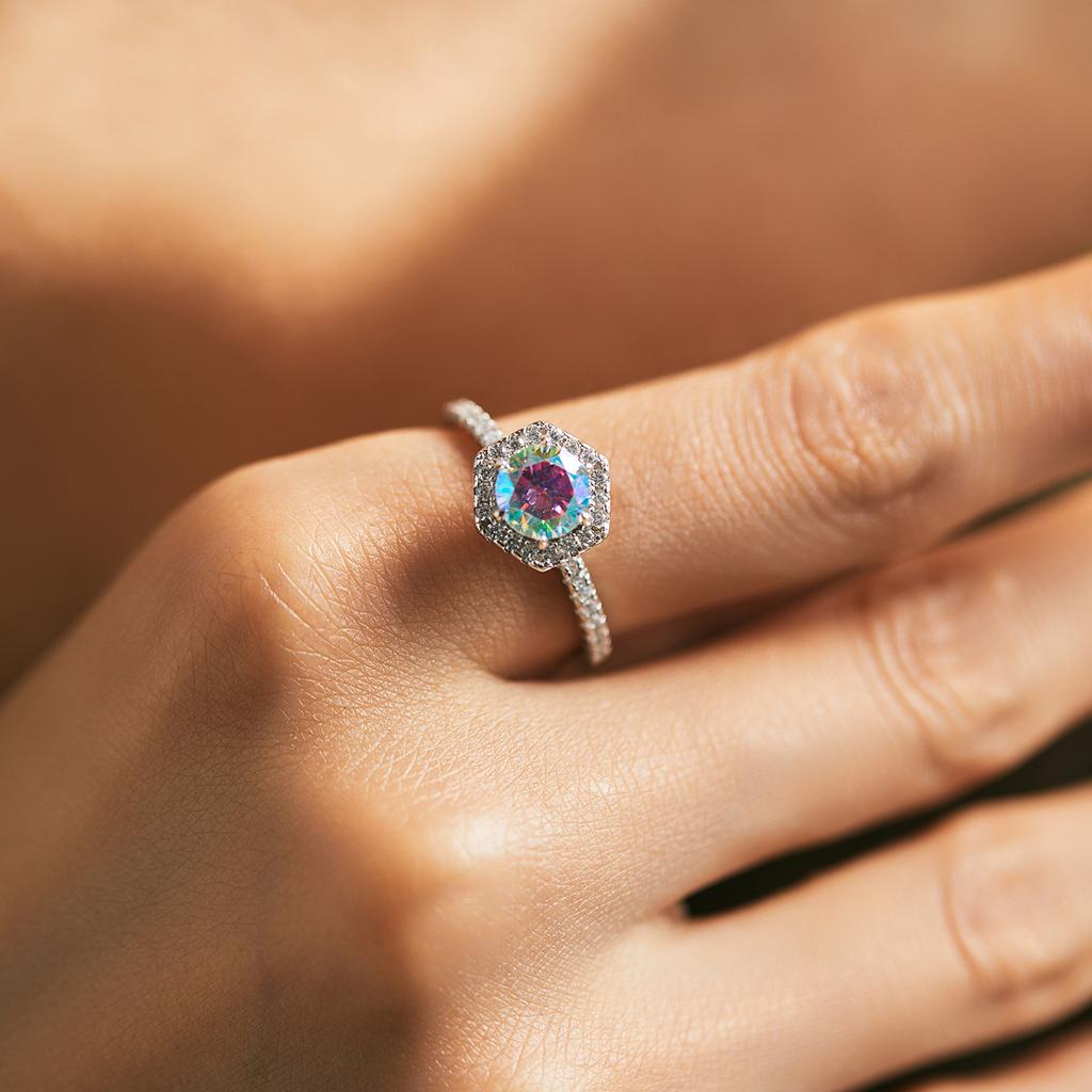 MODIAN 925 Silver Colorful Round CZ Ring Platinum Plated Hexagon Elegant Wedding Engagement Jewelry For Women Gift