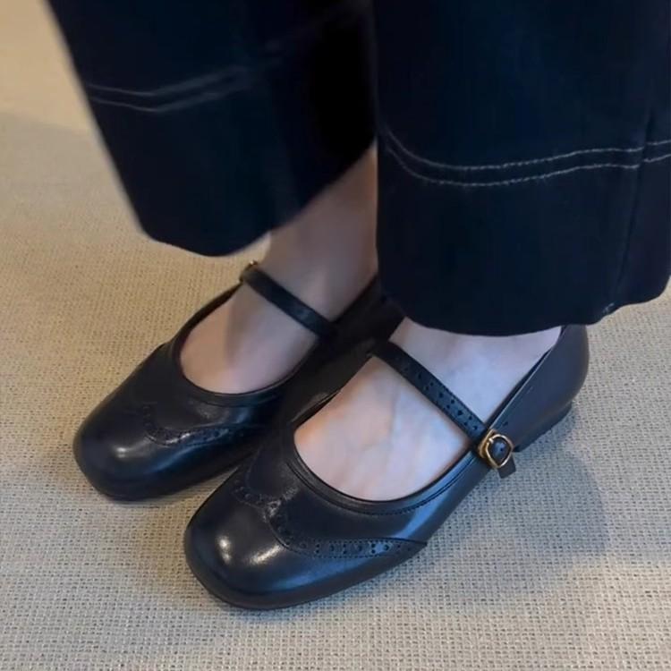 Sheepskin Version~ Genuine Leather French Retro Brock Engraved Mary Jane Small Leather Shoes Women's Versatile Flat-bottomed Shallow Mouth Single Sho