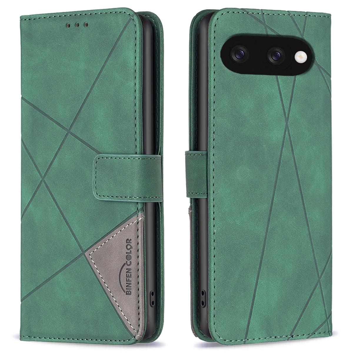 

BINFEN COLOR For Google Pixel 9a Phone Cases Wallet Stand Geometry Imprinted Leather Cover Green