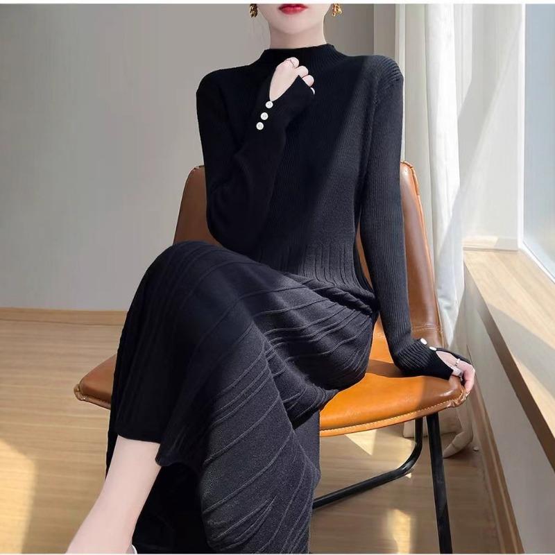 

Длинное вязаное платье женское новое осенне-зимнее до колена с пальто базовая темпераментная тонкая юбка-свитер one size fits all чёрный