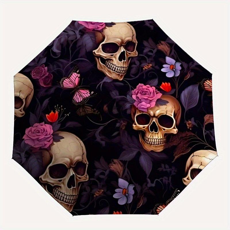 

1pc Skull Pattern Automatic Folding Umbrella, Portable & Foldable Design with 8 Ribs, Casual Outdoor Accessory Halloween and Christmas gifts