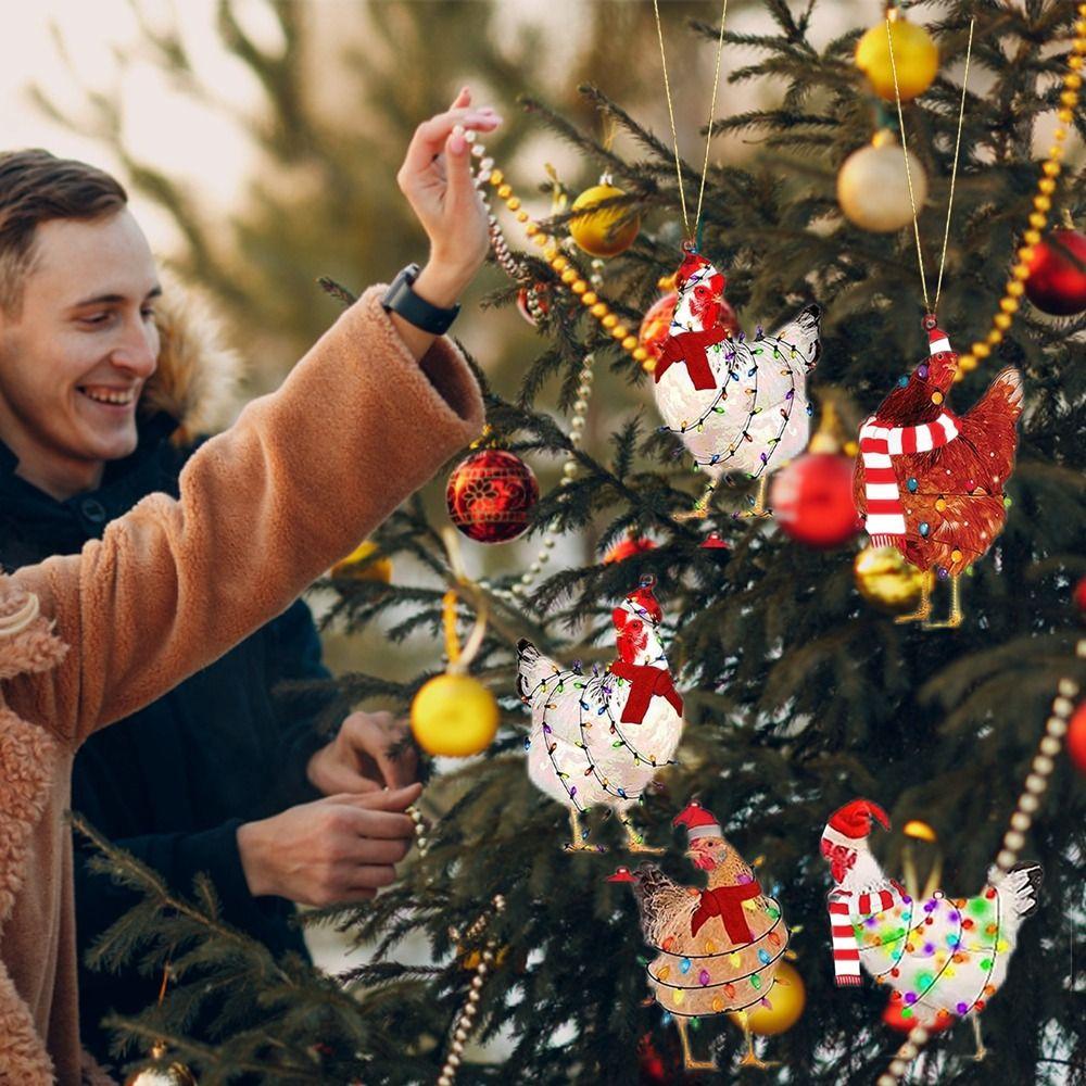 Funny Scarf Chicken Hanging Pendant Wooden Christmas Tree Pendant for 5pcs Xmas Tree