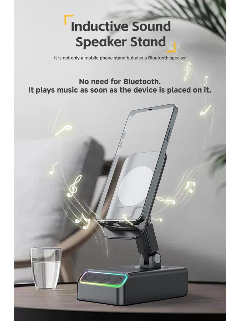 360° Rotating Phone & Tablet Stand with Bluetooth Speaker, RGB Lights, and Hi-Fi Desktop Amplifier